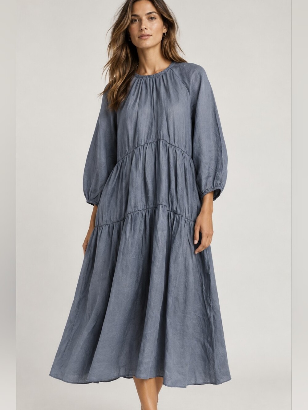 DISSH Australia Noah Raglan Linen Tiered Midi Dress In Steel Blue AU 16 US 12